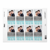 Blue Gray Damask Foto Wedding Labels (Vorne)