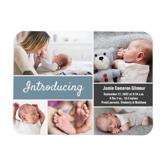 Blue gray Einführung Baby-Boy Foto Collage Magnet (Horizontal)