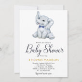 Blue Gray Elephant Baby Boy Dusche Einladung (Vorderseite)