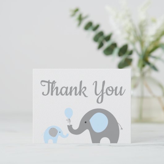 Blue Gray Elephant Baby Dusche Danke Postcard Postkarte (Stehend Vorderseite)