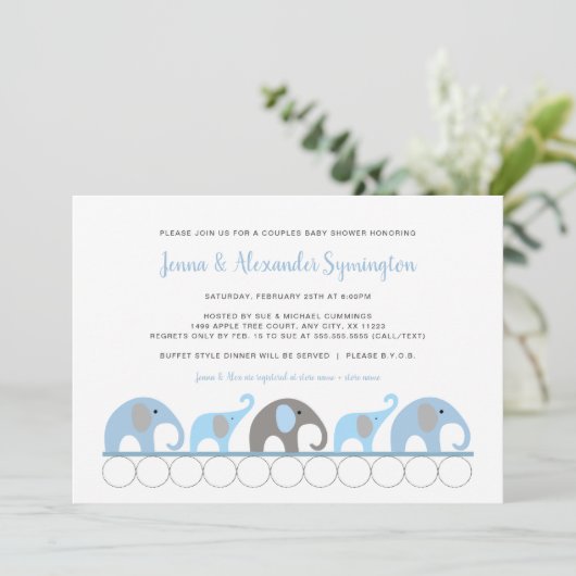 Blue Gray Elephant Baby Dusche Einladung (Stehend Vorderseite)