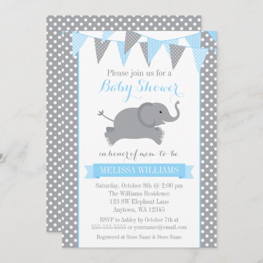 Blue Gray Elephant Polka Dot Bunting Baby Showroom Einladung (Vorne/Hinten)