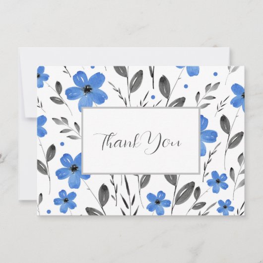 Blue Gray Five Petal Watercolor Floral Motif Dankeskarte (Vorderseite)