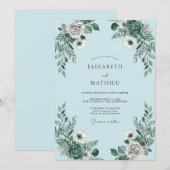 Blue Gray Floral Romance Wedding Einladung (Vorne/Hinten)