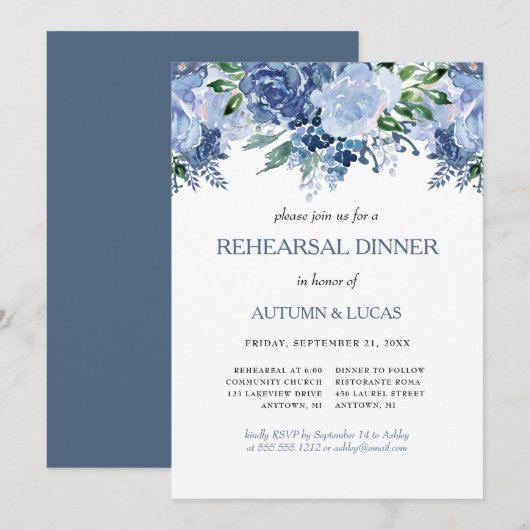 Blue Gray Floral Wedding Probe Dinner Einladung (Vorne/Hinten)