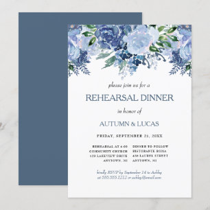 Blue Gray Floral Wedding Probe Dinner Einladung