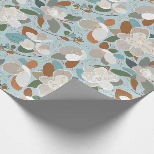 Blue Gray Floral Winter Magnolia Geschenkpapier (Ecke)