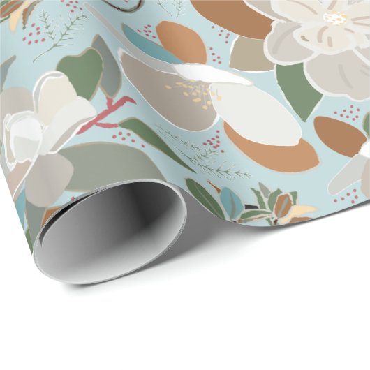 Blue Gray Floral Winter Magnolia Geschenkpapier (Rolleneckpunkt)