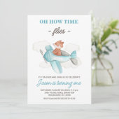 Blue Gray Flugzeug Wie die Zeit fliegt 1. Geburtst Einladung (Stehend Vorderseite)