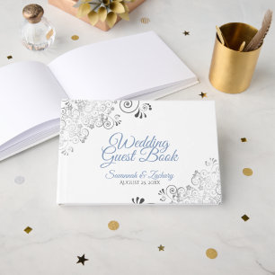 Blue & Gray Frilly Filigree Elegant Wedding Gästebuch