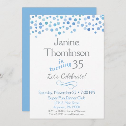 Blue Gray Geburtstag Einladung Confetti Wasserfarb (Vorne/Hinten)