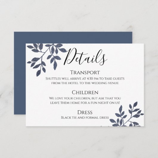 Blue Gray Glitzer Botanical Wedding Details Card Einladung (Vorne/Hinten)
