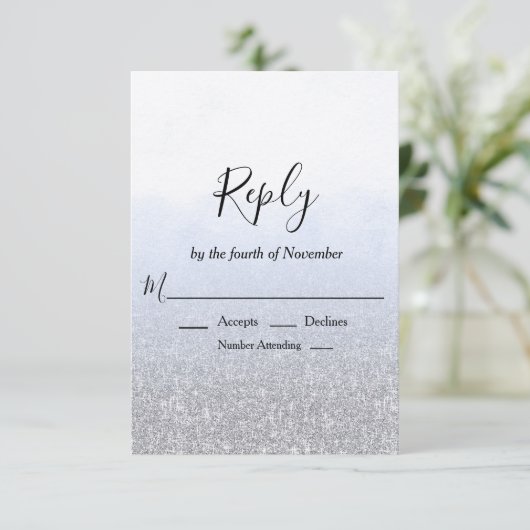 Blue Gray Glitzer Wedding RSVP (Stehend Vorderseite)