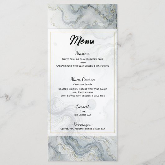 Blue Gray Gold Beach Watercolor Wedding Menu Menükarte (Vorderseite)