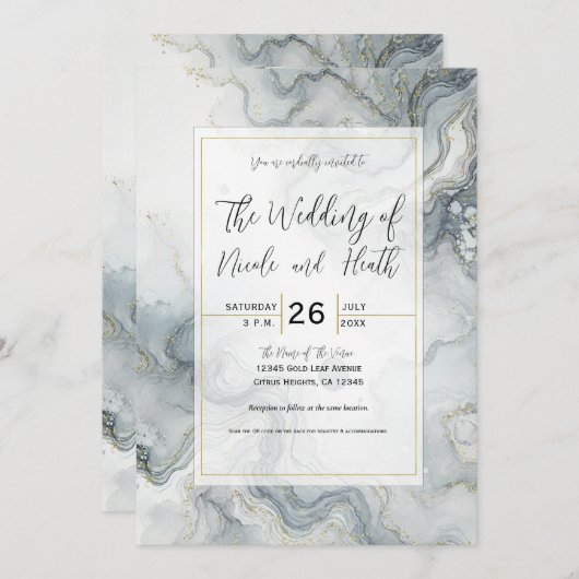 Blue Gray & Gold Beachy Watercolor Beach Hochzeit Einladung (Vorne/Hinten)