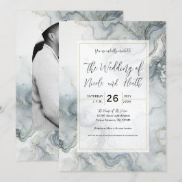 Blue Gray & Gold Beachy Watercolor Beach Hochzeit Einladung