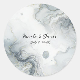 Blue Gray & Gold Beachy Watercolor Beach Hochzeit Runder Aufkleber