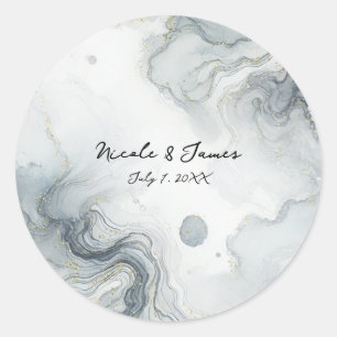 Blue Gray & Gold Beachy Watercolor Beach Hochzeit Runder Aufkleber