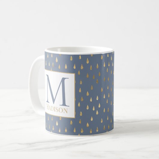 Blue Gray Gold Raindrop Modern Trendy Monogram Kaffeetasse (Vorderseite Links)