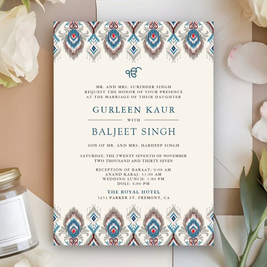 Blue Gray Ikat Anand Karaj Sikh Wedding Einladung