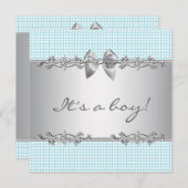 Blue Gray Karos Boy Shower Einladung (Vorne/Hinten)