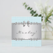 Blue Gray Karos Boy Shower Einladung (Stehend Vorderseite)