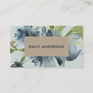 BLUE GRAY KRAFT GREEN GOLD FLORAL WATERCOLOR VISITENKARTE