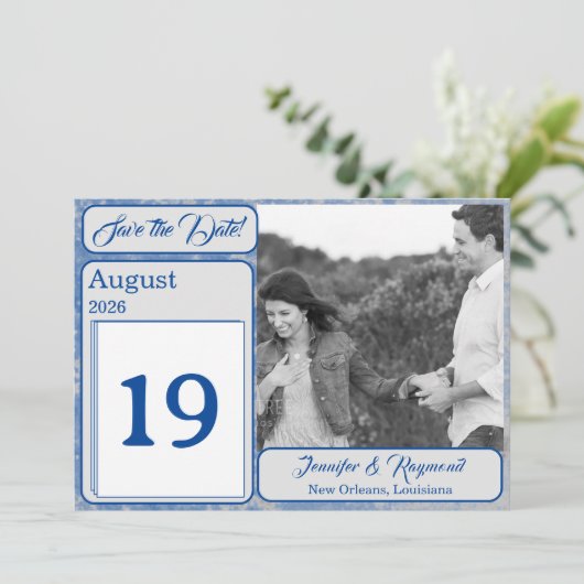 Blue & Gray Marble Save the Date (Stehend Vorderseite)