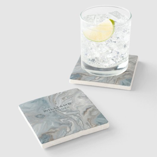 Blue Gray Marmor Textur Personalisiert Steinuntersetzer (Seitenansicht)