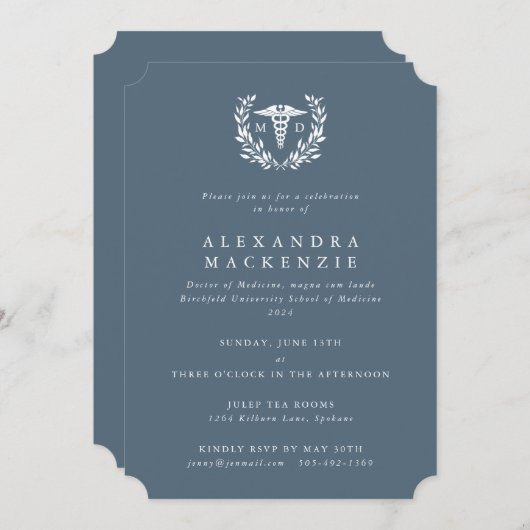 Blue-Gray MD Caduceus+Laurel Wreath Abschluss Einladung (Vorne/Hinten)