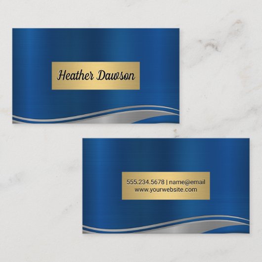 Blue Gray Metallic Wave Gold Frame Visitenkarte (Vorne/Hinten)