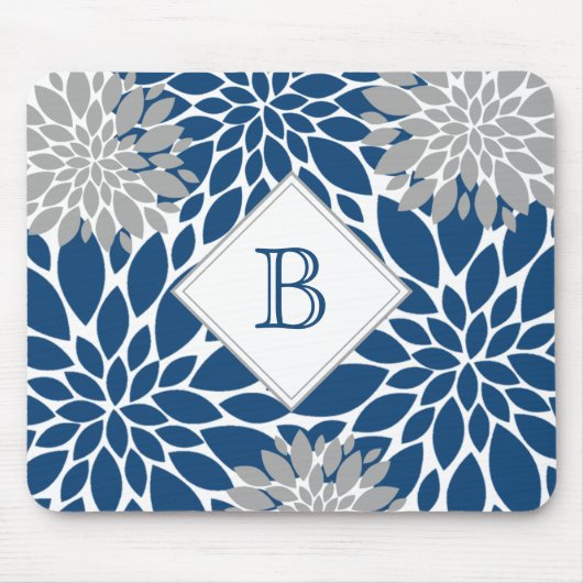 Blue Gray Modern Blooms Initial Monogram Mouse Pad Mousepad (Vorne)