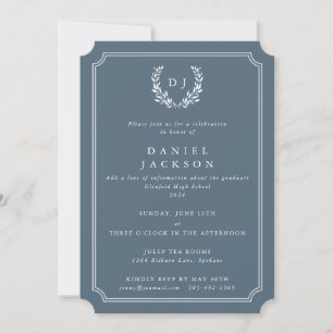 Blue-Gray Monogram Laurel Wreath Abschluss Einladung