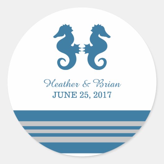 Blue Gray Nautical Seepferd Wedding Stickers (Vorderseite)