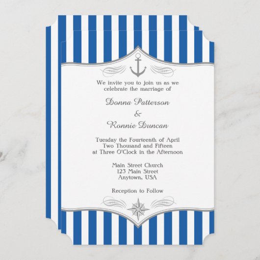 Blue Gray Nautical Wedding Einladung (Vorne/Hinten)