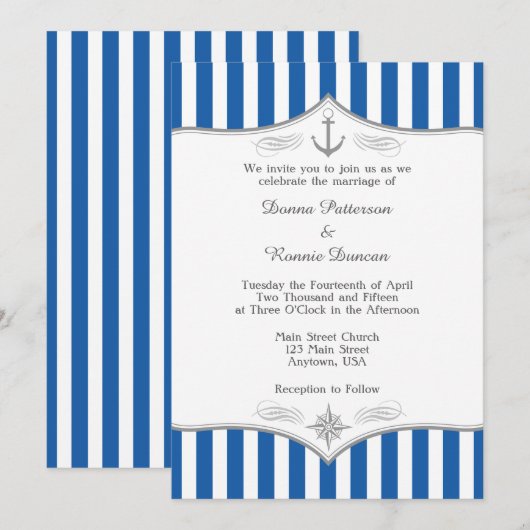 Blue Gray Nautical Wedding Einladung (Vorne/Hinten)