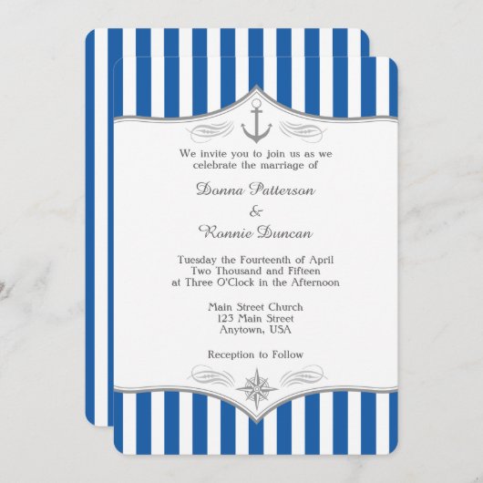Blue Gray Nautical Wedding Einladung (Vorne/Hinten)
