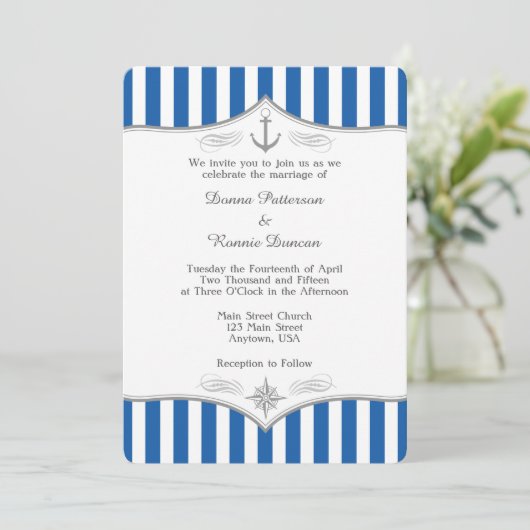 Blue Gray Nautical Wedding Einladung (Stehend Vorderseite)