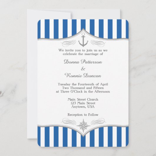 Blue Gray Nautical Wedding Einladung (Vorderseite)
