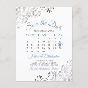 Blue Gray on White Wedding Save the Date Calendar Ankündigungspostkarte
