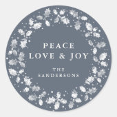 Blue-Gray Peace Liebe + Joy Holly Wreath Runder Aufkleber (Vorderseite)