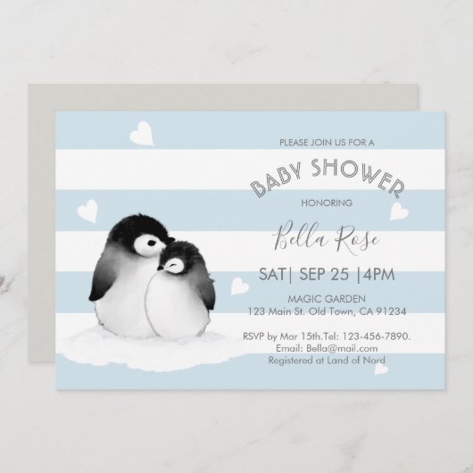 Blue Gray Pinguin Baby Dusche Einladungen (Vorne/Hinten)