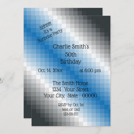 Blue Gray Pixel Party Einladung (Vorne/Hinten)