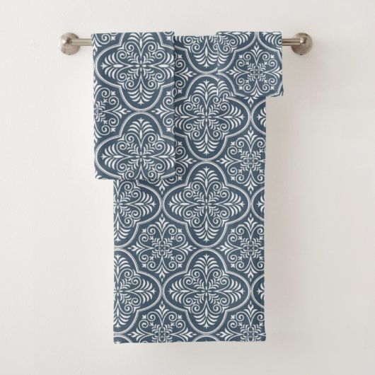Blue Gray Rokoko Baroque Damask Floral Badhandtuch Set (Insitu)