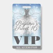 Blue Gray Silver Sparkle Dress Sweet 16 VIP Pass Ausweis (Rückseite)