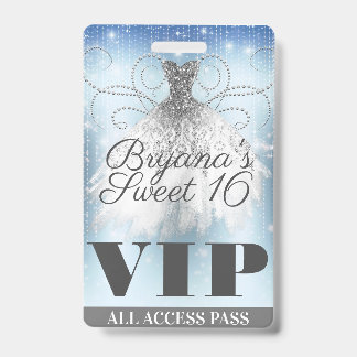 Blue Gray Silver Sparkle Dress Sweet 16 VIP Pass Ausweis