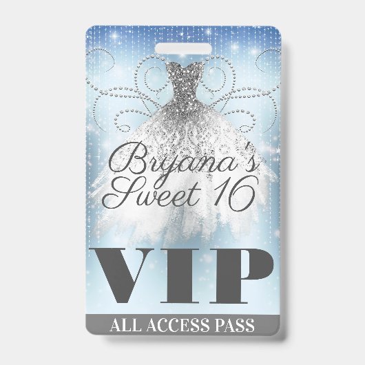 Blue Gray Silver Sparkle Dress Sweet 16 VIP Pass Ausweis (Vorderseite)
