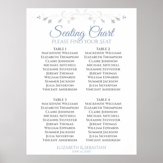 Blue & Gray Simple 4 Table Wedding Chart Poster (Vorne)