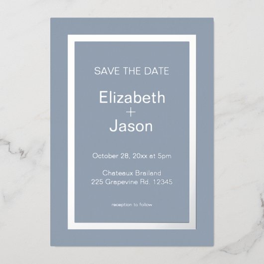 Blue Gray Simple Wedding Save the Date Silver Folieneinladung (Vorderseite)