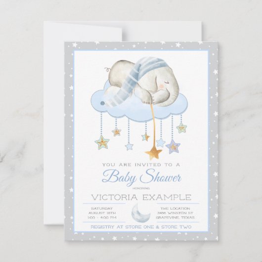 Blue Gray Sleepy Elephant Baby Shower Einladungen (Vorderseite)